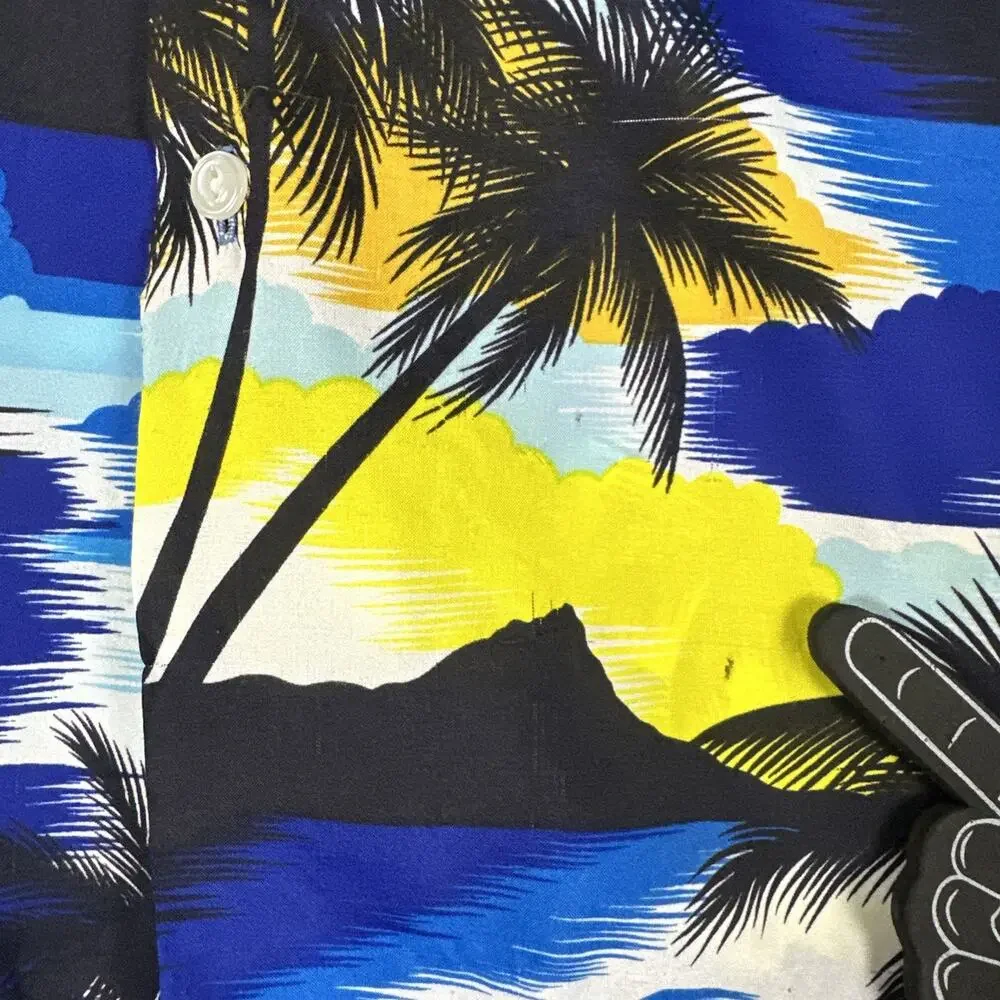 Orchid Fashion Shirt Men XL Blue 100% Rayon Hawaiin Camp True Vtg 70s READ